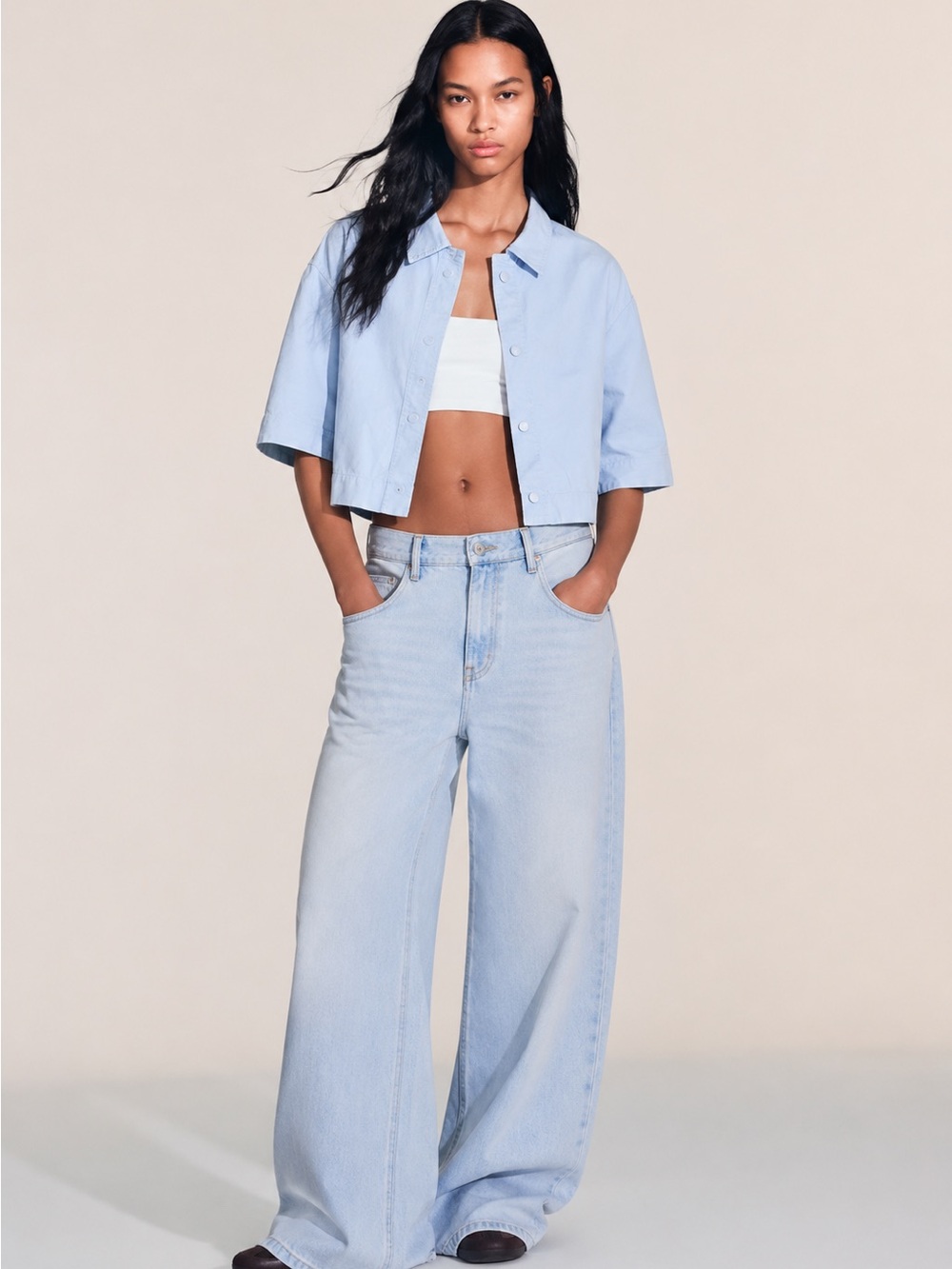 Zara Cropped Snap-Front Overshirt Jacket Powder Blue Size L